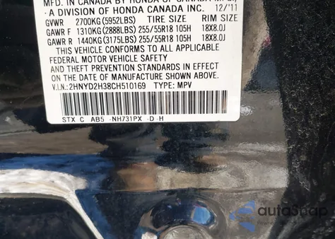 2012 Acura Mdx Technology Package z USA, uszkodzony, nr VIN 2HNYD2H38CH510169